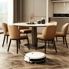 Fototapeta premium Smart Robot Vacuum Cleaning Around Dining Table with Chairs in Modern Home.