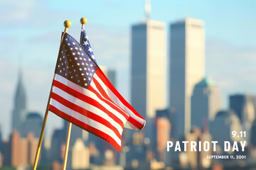 Naklejka premium American flags in focus with city skyline and Twin Towers in bac