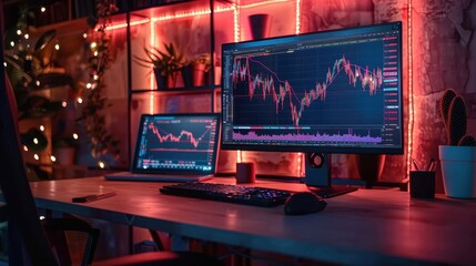 A modern trading setup featuring dual monitors displaying financial charts and stock information, set against a stylish, illuminated background with decor elements.
