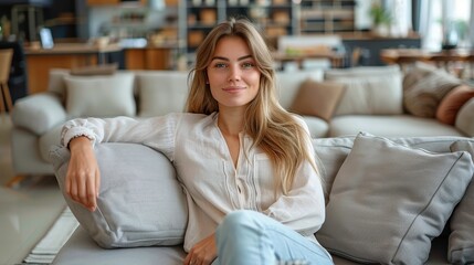 A woman is relaxing in a stylish and comfortable living room, epitomizing the blend of modern elegance and coziness that defines serene indoor environments designed for leisure.