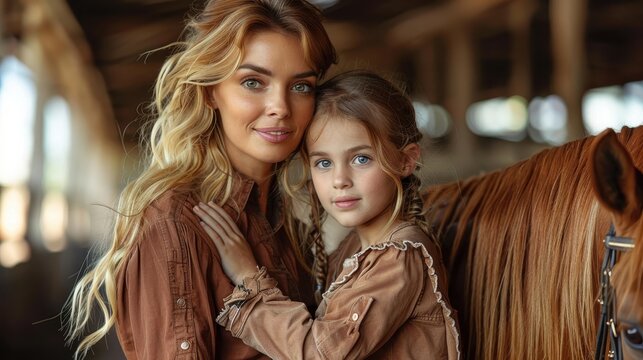 A blonde mother and her young daughter, both wearing rustic clothing, stand beside a brown horse in a wooden stable, reflecting family bond and love.