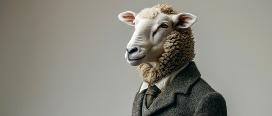 A sophisticated sheep stands elegantly in a tailored suit and tie, showcasing a polished demeanor against a clean, white backdrop.