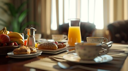 Breakfast served with brown coffee juice and fruits on a dining table very detailed and realistic shape