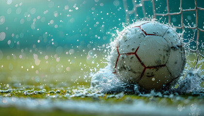Fototapeta premium soccer ball flies into the goal, with a blurry background of a green field 