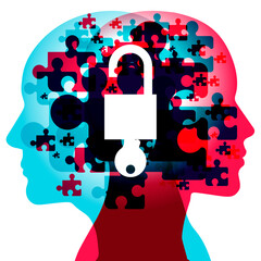 Two human profiles with an open padlock in the centre. The background is a mosaic of puzzle pieces, symbolizing the interconnectedness and potential for growth within the human mind.
