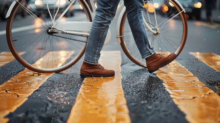 Someone pushes their bicycle on a rain-slicked crosswalk, with yellow stripes and reflections capturing the essence of motion, daily routine, and weather's influence.