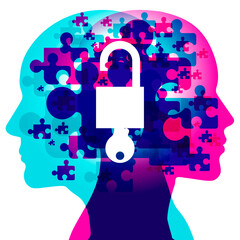 Two human profiles with an open padlock in the centre. The background is a mosaic of puzzle pieces, symbolizing the interconnectedness and potential for growth within the human mind.