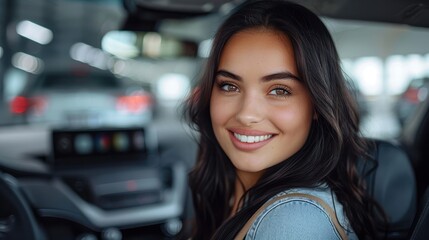 A woman with long dark hair smiles brightly while sitting inside a car, conveying a sense of joy and contentment in a modern, well-lit automobile environment.