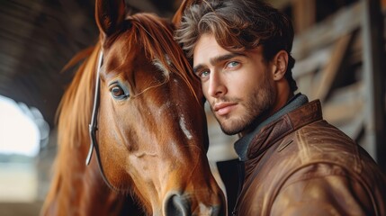 A harmonious pose capturing a man and a horse in a wooden stable, exuding a sense of unity and mutual respect amid the rustic and serene environment.