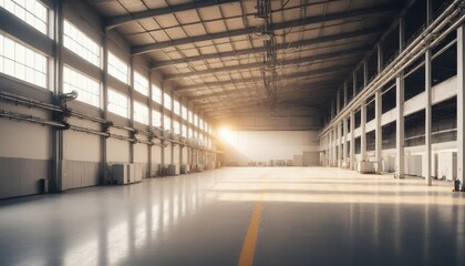 A wide shot of an empty factory hall with industrial air flow pipes and modern equipment	
