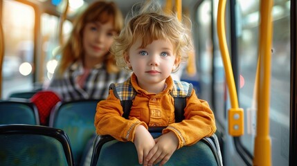 A cute toddler, with curly hair and bright eyes, sitting on a bus seat wearing a yellow shirt and a plaid backpack, with their older sibling in the background.