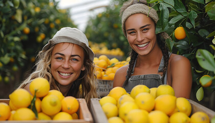 Female farm workers picking ripe lemons in fruit garden
