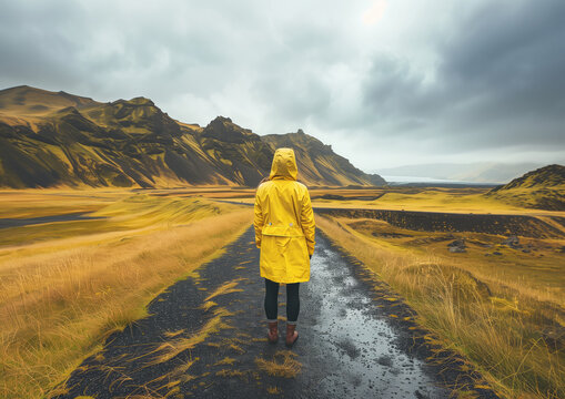 A woman in a yellow raincoat walks through a puddle under the cloudy sky - Powered by Adobe
