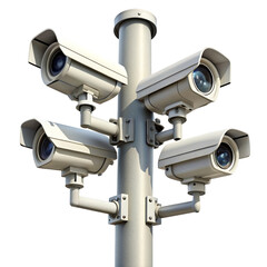  A set of security cameras on a pole. The cameras are white and mounted on the pole.