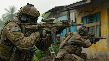 Soldiers in tactical gear aiming rifles in an urban combat zone. Perfect for military, tactical training, and action-oriented themes.