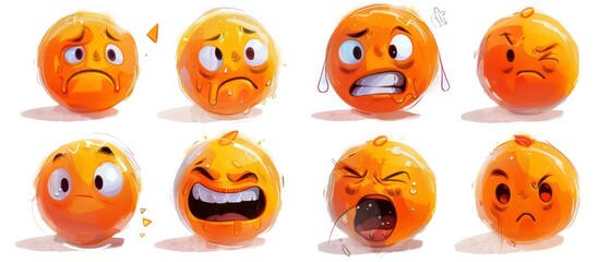 Fototapeta premium Retro-style circular smiley faces expressing a range of emotions, all on a white background. Each face reflects a different mood with simple, bold designs.