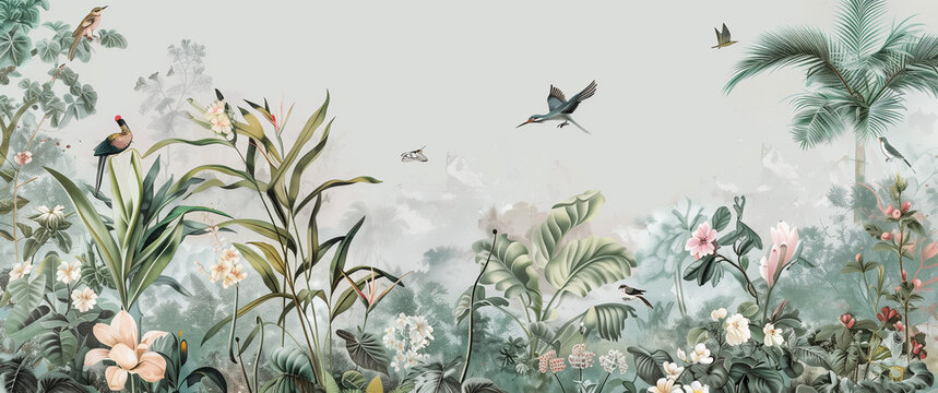 Fototapeta Exotic garden wallpaper with lush greenery, colorful flowers, and birds perched or flying overhead in soft pastel colors.