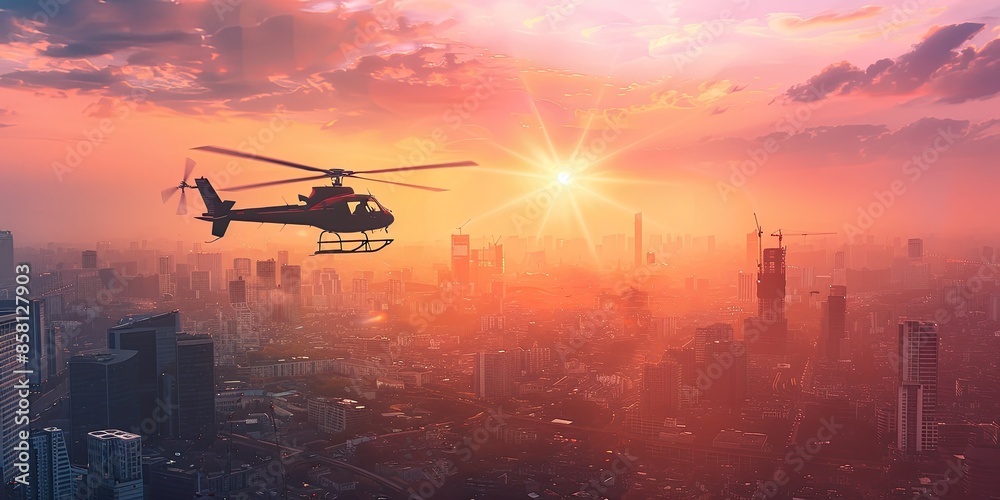 Wall mural aerial view of helicopter flying at dusk