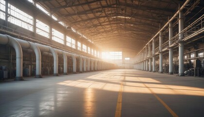 Obraz premium A wide shot of an empty factory hall with industrial air flow pipes and modern equipment 