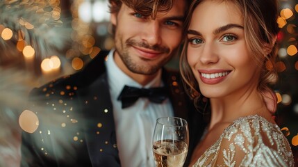 An elegant couple dressed in stylish outfits enjoys champagne at a celebration, surrounded by festive lights, exuding joy, elegance, and togetherness in a warm setting.