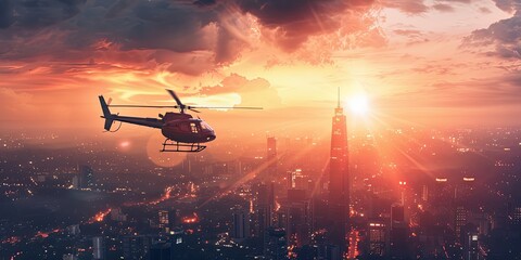 Fototapeta premium Helicopter Over Cityscape at Sunset