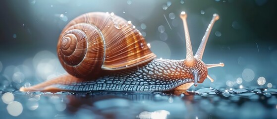 A snail slowly crawls on a white background, displaying its spiral shell. The small mollusk is isolated, emphasizing its intricate natural beauty.