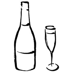 シャンパンボトルとグラスの線画イラスト