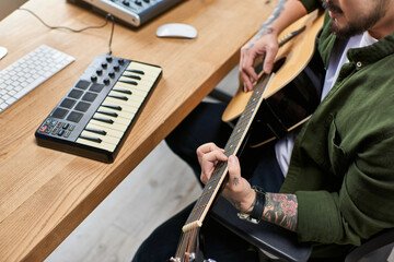 A handsome Asian man plays an acoustic guitar in his studio, surrounded by musical equipment.