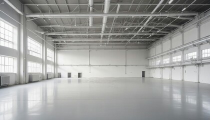 A wide shot of an empty factory hall with industrial air flow pipes and modern equipment	
