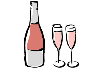 シャンパンボトルとグラスのイラスト