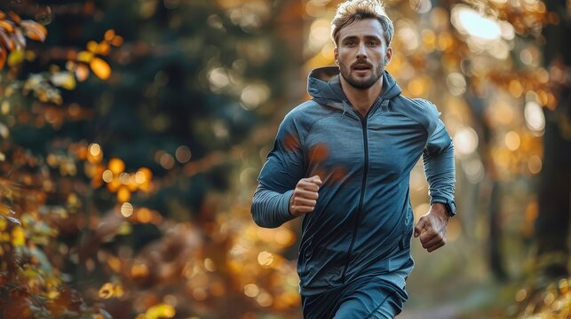 A dedicated male jogger in athletic gear runs with focus and drive along a forest trail lined with autumn leaves, representing health and vitality during the fall season.