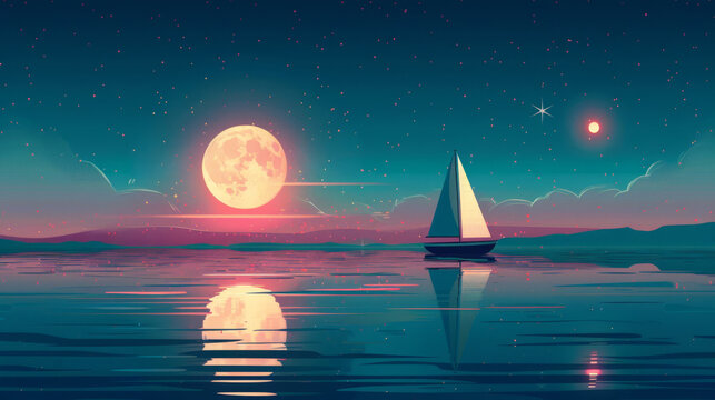 nighttime sailboat illustration, simple, flat art of a sailboat under moonlight, creating a peaceful, serene good night background in minimalist style