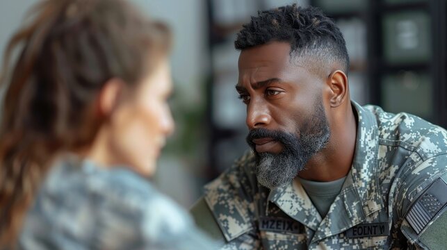 A soldier with a beard listens attentively to a conversation. Both individuals are in camouflage uniforms, and the background shows blurred military office decor.