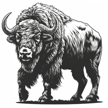 black and white bull, bizon, illustration, drawing, engraving, ink, line art, vector, tattoo