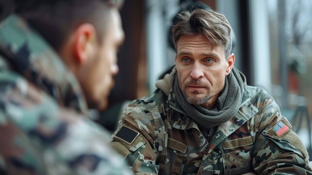 A soldier with a focused expression listens attentively during a serious, focused discussion with another servicemember in a military setting, uniform camouflaged.