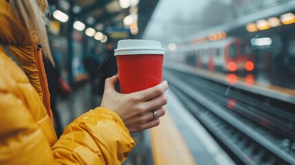 A person in a yellow jacket holds a red coffee cup, standing on a rainy day at a train station platform, waiting for a train while enjoying a warm drink.