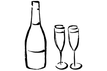 シャンパンボトルとグラスの線画イラスト