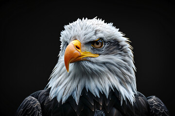 Obraz premium A close-up portrait of an eagle head against a black background, showcasing the majestic and powerful nature of this bird of prey. Suitable for wildlife photography, animal symbolism,...