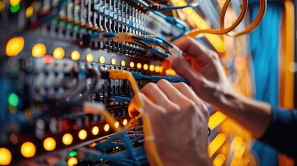 A detailed image of a technician's hands handling network cables in a server room, highlighting the complexity and precision required in data center management and networking.