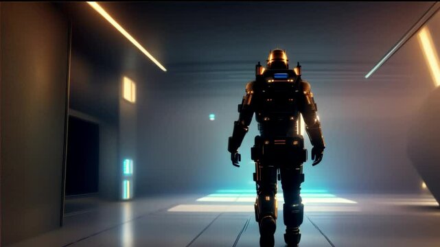 A futuristic robot with artificial intelligence walking through the compartments of a spaceship. Cybernetic consciousness of the future. AI animation.