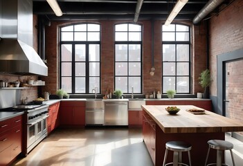 Sleek Industrial Kitchen - Exposed Brick & Cityscape
