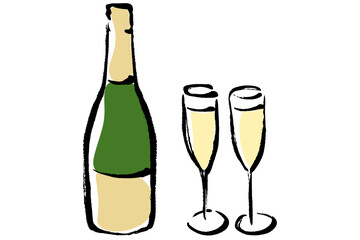 シャンパンボトルとグラスのイラスト
