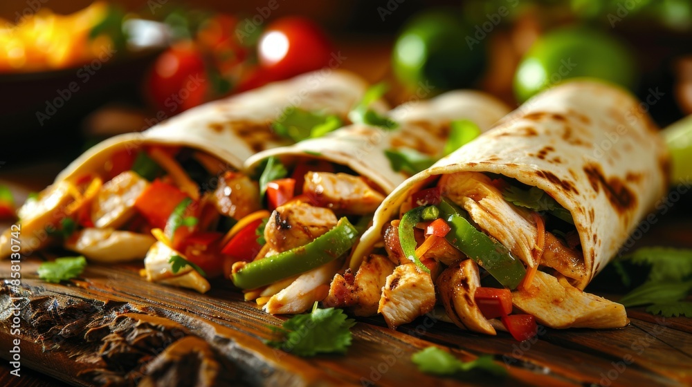 Wall mural classic burrito: fresh burritos with chicken and fried vegetables served on rustic wooden board. - Wall murals