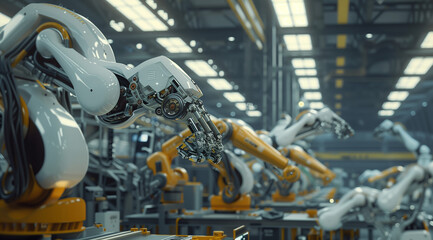 High-Tech Factory with Robotic Arms Showcasing Advanced AI in Industry and Production