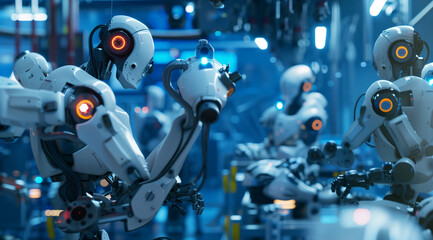 High-tech robotic arms in action at a futuristic AI factory showcasing advanced robotics in industry and production.
