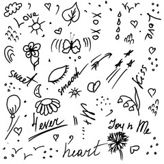 Doodle illusttratio, black and white hand drawn, ceparated elements on white background, summer, nature, leaves