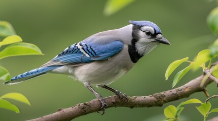A blue jay perches on a branch, its blue feathers contrasting with the green foliage