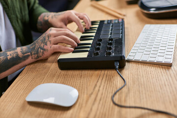 A close-up shot of an Asian mans hands playing a keyboard in a studio setting.