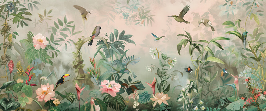 Fototapeta Exotic Garden Wallpaper with Lush Greenery, Colorful Flowers, and Birds in Soft Pastel Colors