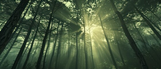 a pine forest, casting a warm glow on the green trees and mist, enhancing the autumnal beauty of the scene
